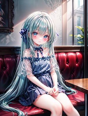 masterpiece, best quality, extremely detailed, (illustration, official art:1.1), 1 girl ,(((( light blue long hair)))), ,(((( light blue long hair)))),light blue hair , , long hair ((blush)) , cute face, big eyes, masterpiece, best quality,(((((a very delicate and beautiful girl))))),Amazing,beautiful detailed eyes,blunt bangs(((( little delicate girl)))),tareme(true beautiful:1.2), sense of depth,dynamic angle,,,, affectionate smile, (true beautiful:1.2),,(tiny 1girl model:1.2),)(flat chest) ,masterpiece, absurdres, best quality, ultra detailed, high Resolution, detailed illustration, extremely beautiful detailed face and eyes, bright colour, 1girl, (loli), cute face, Delicate beautiful face, magenta eyes, cute eyes, sparkling eyes, big eyes,white skin, smile, BREAK,BREAK off shoulder sweater, long skirt, tiny ribbon, restaurant, (((eating Nut tart, )))almond, real world, natural lights, perfect lighting,