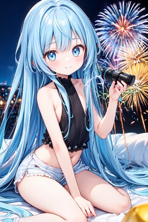 masterpiece, best quality, extremely detailed, (illustration, official art:1.1), 1 girl ,(((( light blue long hair)))), ,(((( light blue long hair)))),light blue hair, , long hair ((blush)) , cute face, big eyes, masterpiece, best quality,(((((a very delicate and beautiful girl))))),Amazing,beautiful detailed eyes,blunt bangs((((little delicate girl)))),tareme(true beautiful:1.2), sense of depth,dynamic angle,,,, affectionate smile, (true beautiful:1.2),,(tiny 1girl model:1.2),)(flat chest) ,(((black high neck sleeveless top:1.3)))、shorts、firework会場、firework ,Photographing the sky from below,Precise focus,randome pose,cinema4d,Drama
