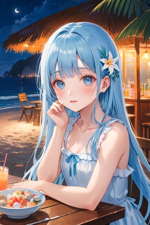 masterpiece, best quality, extremely detailed, (illustration, official art:1.1), 1 girl ,(((( light blue long hair)))), ,light blue hair, , long hair ((blush)) , cute face, masterpiece, best quality,(((((a very delicate and beautiful girl))))),Amazing,beautiful detailed eyes,blunt bangs((((little delicate girl)))),.(true beautiful), sense of depth,, ,(tiny 1girl model:1.2),)((((flat chest)))),The beach at eight oclock at night,An outdoor seaside restaurant,There are some colored lights,plant,shell,beach,Stones,coconut tree,There are some drinks and snacks on the table、Panorama、Overlook 、Wide shot、night
