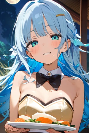 masterpiece, best quality, extremely detailed, (illustration, official art:1.1), 1 girl ,(((( light blue hair)))), ,(((( light blue long hair)))),light blue hair, ,((blush)) , cute face, big eyes, masterpiece, best quality,(((((a very delicate and beautiful girl))))),Amazing,beautiful detailed eyes,blunt bangs((((little delicate girl)))),(((tareme))),droopy eyes.(true beautiful:1.2), sense of depth,dynamic angle,,,, affectionate smile, (true beautiful:1.2),,(tiny 1girl model:1.2),)(flat chest), score_9, score_8_up, score_7_up, score_6_up, score_5_up, score_4_up, masterpiece, best quality, source_anime, , shiodare,On a full moon night, moon viewing, full moon, Japanese pampas grass, watercolor style, mysterious, rating_safe, (view from below:1.4), night sky, (big moon:1.4), face focus, upper body, smile, half-closed eyes, parted lips, looking down, BREAK , , ponytail, wavy hair, (hair between eyes:0.7), sideburns, flipped hair, (aqua scrunchie:1.0),aqua eyes, tareme, playboy bunny, shiny satin leotard, shiny aqua bunny ears, detached collar, bow tie, outdoors, (night:1.2),, a vase of Japanese pampas grass on either side of the jugoya bun on a plate is offered to
