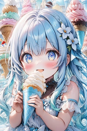 masterpiece, best quality, extremely detailed, (illustration, official art:1.1), 1 girl ,(((( light blue long hair)))), ,(((( light blue long hair)))),light blue hair, , long hair ((blush)) , cute face, big eyes, masterpiece, best quality,(((((a very delicate and beautiful girl))))),Amazing,beautiful detailed eyes,blunt bangs((((little delicate girl)))),tareme(true beautiful:1.2), sense of depth,dynamic angle,,,, affectionate smile, (true beautiful:1.2),,(tiny 1girl model:1.2),)(flat chest),A very beautiful light blue long hair girl is eating a giant soft serve in front cafe. 1girl, solo, (white tube-top), off shoulders, portrait, looking atsoft serve cream cone, ((giant mint soft cream, and chocolate soft cream mixed)), food, open mouth, (holding soft serve cone), brown cone, long hair, swaying bangs, mint eyes, beautiful round eyes, long eyelashes, perfect her fingers, pale skin,
