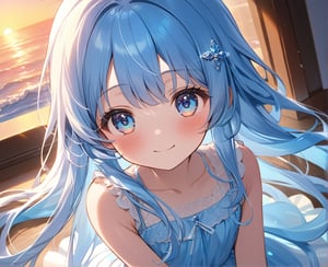 asterpiece, best quality, extremely detailed, (illustration, official art:1.1), 1 girl ,(((( light blue long hair)))), ,(((( light blue long hair)))),light blue hair, , long hair ((blush)) , cute face, big eyes, masterpiece, best quality,(((((a very delicate and beautiful girl))))),Amazing,beautiful detailed eyes,blunt bangs((((little delicate girl)))),tareme(true beautiful:1.2), sense of depth,dynamic angle,,,, affectionate smile, (true beautiful:1.2),,(tiny 1girl model:1.2),)(flat chest)、(masterpiece、Highest quality:1.5)、((((VaporWave Style、Partially colored))、Close-up、From above、Cinematic angle、(((vanilla)))、 1girl、solo、Cute Smile、Jewelry decoration、、The doll is a mess、decadent life、 poles outside the window、Sunset 　outside the window、
