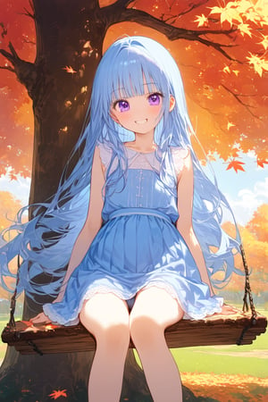 masterpiece, best quality, extremely detailed, (illustration, official art:1.1), 1 girl ,(((( light blue long hair)))), ,(((( light blue long hair)))),light blue hair, , long hair ((blush)) , cute face, big eyes, masterpiece, best quality,(((((a very delicate and beautiful girl))))),Amazing,beautiful detailed eyes,blunt bangs((((little delicate girl)))),tareme(true beautiful:1.2), sense of depth,dynamic angle,,,, affectionate smile, (true beautiful:1.2),,(tiny 1girl model:1.2),)(flat chest) score_9, score_8_up, score_7_up, source_anime, 1girl, solo, purple eyes, long hair, , sitting on wood swing, under tree, tree branch, garden, smile, happy, skirt up, cameltoe,Autumn, Fall Foliage