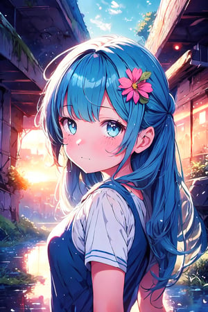 Masterpiece, best quality, extremely detailed, (illustration, official art: 1.1), (((((1 girl))))), ((light blue long hair))), light blue hair, 10 years old,  ((blush)), cute face, big eyes, tareme, masterpiece, best quality, ((a very delicate and beautiful girl)))), , loli girl,amazing, beautiful detailed eyes, blunt bangs (((little delicate girl)))), tareme (true beautiful: 1.2),, petite and sweet,(Composition looking up from a low position)、,1girl,,
post-apocalypse,retrospective,nostalgia,sense of depth,from behind,dynamic angle,in a group of ruined buildings,ruins deep in the forest,science fiction-style ruins with vines and ivy,sunset,cyberpunk,Water Reflection,small flower garden,flower petal

, ,6000,petite,breakdomain,Human bones,light