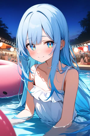 masterpiece, best quality, extremely detailed, (illustration, official art:1.1), 1 girl ,(((( light blue long hair)))), ,(((( light blue long hair)))),light blue hair, , long hair ((blush)) , cute face, big eyes, masterpiece, best quality,(((((a very delicate and beautiful girl))))),Amazing,beautiful detailed eyes,blunt bangs((((little delicate girl)))),tareme(true beautiful:1.2), sense of depth,dynamic angle,,,, affectionate smile, (true beautiful:1.2),,(tiny 1girl model:1.2),)(flat chest), 1 girl in a pool with Inflatable flamingo floats, Pool Party, Ultra-detailed face and eyes、Detailed Eyes、Delicate face、Summer swimming , Inflatable, Carnival floats, summer festival night, festival, 夏のnight, Are you having fun, Having a great time, Warm and fun atmosphere, Have fun, drink, Beach , night, music festival, Splash House, cool , Features