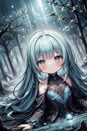 masterpiece, best quality, extremely detailed, (illustration, official art:1.1), 1 girl ,(((( light blue long hair)))), ,(((( light blue long hair)))),light blue hair, , long hair ((blush)) , cute face, masterpiece, best quality,(((((a very delicate and beautiful girl))))),Amazing,beautiful detailed eyes,blunt bangs((((little delicate girl)))),(((tareme))),droopy eyes.(true beautiful:1.2), sense of depth,dynamic angle,,,, affectionate smile, (true beautiful:1.2),,(tiny 1girl model:1.2),)(flat chest),,optical illusion, Black light art, conceptual artwork, por Arthur Rackham, (best qualityer, high resolution, ultra detali), The Goddess Casting Brilliant Mystical Spells on a Haunted Forest, orange and purple tones, portraits, bright coloured, extreme detailed description, sharp focus, Physically based rendering, studio lighting, horor, witch, magical, mysterious atmosphere, swirling mist, ethereal glow, ancient trees, twisted branches, Moonlit sky, mysterious shadows, Mesmerizing, enchanting, hauntingly beautiful,full body,Distant view	、Long shot	、Expansive vista	、darkness