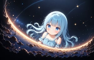 masterpiece, best quality, extremely detailed, (illustration, official art:1.1), 1 girl ,(((( light blue long hair)))), ,(((( light blue long hair)))),light blue hair, long hair ((blush)) , cute face, big eyes, masterpiece, best quality,(((((a very delicate and beautiful girl,))))),Amazing,beautiful detailed eyes,blunt bangs、((((little delicate girl)))),tareme(true beautiful:1.2), sense of depth,dynamic angle, ,flat chest, anime comic style 1girl, Design an image showcasing the allure of a starry night sky, with a myriad of twinkling stars, constellations, and the Milky Way.,masterpiece, best quality,Starry sky