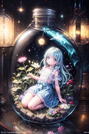 masterpiece, best quality, extremely detailed, (illustration, official art:1.1), 1 girl ,(((( light blue long hair)))), light blue hair, ,10 years old, long hair ((blush)) , cute face, big eyes, masterpiece, best quality,(((((a very delicate and beautiful girl))))),Amazing,beautiful detailed eyes,blunt bangs((((little delicate girl)))),tareme(true beautiful:1.2), sense of depth,dynamic angle,,,, affectionate smile, (true beautiful:1.2),,(tiny 1girl model:1.2),)(flat chest)),(Master photography:1.4),(Beautiful and delicate girl:1.2),Beautiful and delicate eyes,serene visuals,Wearing a broken flower skirt,Florist at night,Shop window,Flowers in full bloom,Quiet,(textured skin:1.3),(Hasselblad:1.2),ray tracing,(UHD:1.1),8k,purple and blue floral design on a clear glass container, graphic of enchanted terrarium, mythical floral hills, concept art magical highlight, fantasy sticker illustration, dreamscape in a jar, magical glow, ✨🕌🌙, omori, crystal forest, magically glowing, wonderland portal, jelly glow, moonlit starry sky environment, magical background, soft airbrushed artwork., Dried flowers inside a mansion,full body、(perfume bottle, colorful flower border, cosmic background, three-dimensional texture), ,JAR