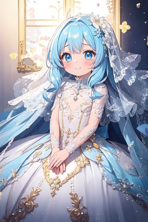 masterpiece, best quality, extremely detailed, (illustration, official art:1.1),adorable face、 1 girl ,(((( light blue long hair)))),pale blue hair,, long hair、 ((blush)) , cute face, big eyes, masterpiece, best quality,(((((a very delicate and beautiful girl))))),Amazing,beautiful detailed eyes,blunt bangs((((little delicate girl)))),tareme(true beautiful:1.2), sense of depth,dynamic angle,toddler,, affectionate smile, (true beautiful:1.2),,(tiny 1girl model:1.2),)flat chest、(Masterpiece),(((full bodyesbian))), (Best quality), (Ultra detailed),(disheed hair),(illustration), (1girll), (Fashionable clothing), , ,Colorful bubbles,（Shine）,Focus on the face,,By bangs,,Floating flowers,floated hair,（Shiny）,best illuminate,Best shadow,Speak with a smile,one girl, best quality, (hyper detailed:1.8), visual novel, water drop, blue scale, sunlight, , , crying,,wind blowing from below and tear drops from eyes are floating in air,phcrystal

Blessings from angels､Bright background、Heart Mark、happy 、Tenderness､A smile、、Luxurious pink Wedding Dresses, elegant and romantic, breathtakingly beautiful, ,ruanyi0263,bridal veil,Add more detail