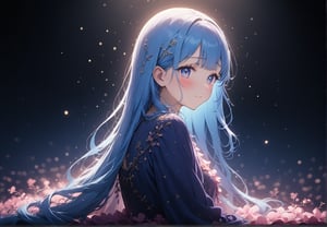 masterpiece, best quality, extremely detailed, (illustration, official art:1.1), 1 girl ,(((( light blue long hair)))), ,(((( light blue long hair)))),light blue hair, , long hair ((blush)) , cute face, big eyes, masterpiece, best quality,(((((a very delicate and beautiful girl))))),Amazing,beautiful detailed eyes,blunt bangs((((little delicate girl)))),tareme(true beautiful:1.2), sense of depth,dynamic angle,,,, affectionate smile, (true beautiful:1.2),,(tiny 1girl model:1.2),)(flat chest) ,A breathtaking scene unfolds as the moonlight casts a luminous glow on a deserted beach, painting the sky with a tapestry of twinkling stars. At the center of this ethereal moment, A young woman with long hair cascades sits in deep meditation. Its tranquil presence evokes a sense of inner peace and serenity amidst the vastness of the empty coast. The girl's silhouette stands out against the backdrop of darkness, his serene expression bathed in soft moonlight. Long pink tentacles of cascade down the back, intertwined with the gentle sea breeze that caresses his face. Your closed eyes indicate a deep connection to the universe, as if his own thoughts harmonized with the whispers of the ocean waves.((big moon )))