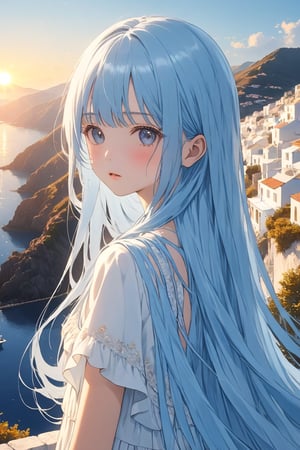 ((masterpiece, best quality, extremely detailed, absurdres)),, masterpiece, best quality, extremely detailed, ((((((light blue long hair)))))), long hair cute anime faces,detailed light,parted lips,shiny、beautiful detailed face,,longhair、(((( light blue long hair)))),,10 years old, , 1girl, solo, flat chest, blush, bangs, caramel、Perfect beautiful woman,masterpiece, best quality, ,flat chest, (flat chest), ((super photo realistic)), (masterpiece), illustration, ultra detailed, absurdres, 8k, details down to the smallest detail, Reflection, light bokeh effect, ((look at viewer)), a small harbor town by the Aegean Sea where the mountains meet the ocean. (The town has beautiful white walls that follow the slopes of the hills). (A girl stands on top of a hill, looking down at the town below:1.2). She is wearing a summer dress. In her view, ((a beautiful sunrise shines brightly)), A beautiful summer day, BREAK (produces images with information than 40 million pixels with cinematic-like detailed textures shot on a Sony SLR), 