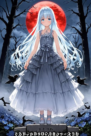 masterpiece, best quality, extremely detailed, (illustration, official art:1.1), 1 girl ,(((( light blue long hair)))), ,(((( light blue long hair)))),light blue hair, , long hair ((blush)) , cute face, masterpiece, best quality,(((((a very delicate and beautiful girl))))),Amazing,beautiful detailed eyes,blunt bangs((((little delicate girl)))),(((tareme))),droopy eyes.(true beautiful:1.2), sense of depth,dynamic angle,,,, affectionate smile, (true beautiful:1.2),,(tiny 1girl model:1.2),)(flat chest), A beautiful anime-style girl with long,,(((detailed)))Blue Eyes,Transparent hair,Face of Sadness,Sad beautiful girl,(((detailed)),(((detailed)))A beautiful immoral girl in a provocative black and grey dress,,(((detailed)))Full Body Shot,Crow,(((detailed)))dead tree,fog,Red Moon,Mysterious Flower,graveyard of darkness。