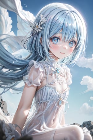 masterpiece, best quality, extremely detailed, (illustration, official art:1.1), 1 girl ,(((( light blue hair)))), ,(((( light blue long hair)))),light blue hair, ,((blush)) , cute face, big eyes, masterpiece, best quality,(((((a very delicate and beautiful girl))))),Amazing,beautiful detailed eyes,blunt bangs((((little delicate girl)))),(((tareme))),droopy eyes.(true beautiful:1.2), sense of depth,dynamic angle,,,, affectionate smile, (true beautiful:1.2),,(tiny 1girl model:1.2),)(flat chest),

Absurdres, (masterpiece, best quality), (ultra-detailed), super high resolution, (Top Quality photorealistic Illustration), (Super Definition), (cute illustration:1.3), (high Saturation:1.2), detailed beautiful face and eyes, very detailed background, (an extremely delicate and beautiful), (nice hands, perfect hands), (appropriate posture), (appropriate configuration), ideal ratio body proportions,
, ((1girl)), solo, sitting on a rock, (arms at sides), from side, close-up upper body, dynamic angle, from below, in the sandy beach, ocean, waves, blue sky, windy, rim light, sunlight, beautiful lighting,
BREAK (full-face blush), floating hair, 