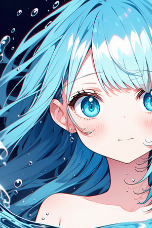 Masterpiece, best quality, extremely detailed, (illustration, official art: 1.1), (((((1 girl))))), ((light blue long hair))), light blue hair, 10 years old,  ((blush)), cute face, big eyes, masterpiece, best quality, ((a very delicate and beautiful girl)))), amazing, beautiful detailed eyes, blunt bangs (((little delicate girl)))), tareme (true beautiful: 1.2),
,Bubble, under the water
、An extremely close up portrait with low exposure inspired by the cover art of Wind of Change by MAXPVNK, of a light blue  haired girl facing the camera, her face submerged up to nose level in clean, still, glowing neon blue lent water, only her blue eyeballs visible shining brightly in focus beneath the glowing surface looking directly at the viewer, small delicate blue flowers decorating her hair, against a dark blurred background, intricate water ripples radiating from her nose, digital painting in highly detailed niji anime art style, --ar 1:1 --niji