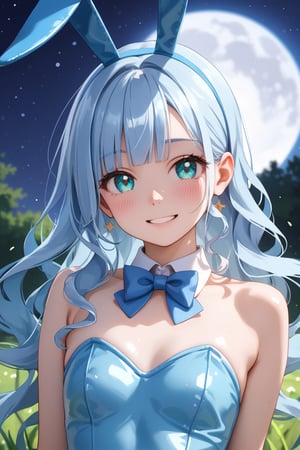 masterpiece, best quality, extremely detailed, (illustration, official art:1.1), 1 girl ,(((( light blue hair)))), ,(((( light blue long hair)))),light blue hair, ,((blush)) , cute face, big eyes, masterpiece, best quality,(((((a very delicate and beautiful girl))))),Amazing,beautiful detailed eyes,blunt bangs((((little delicate girl)))),(((tareme))),droopy eyes.(true beautiful:1.2), sense of depth,dynamic angle,,,, affectionate smile, (true beautiful:1.2),,(tiny 1girl model:1.2),)(flat chest), score_9, score_8_up, score_7_up, score_6_up, score_5_up, score_4_up, masterpiece, best quality, source_anime, , shiodare,On a full moon night, moon viewing, full moon, Japanese pampas grass, watercolor style, mysterious, rating_safe, (view from below:1.4), night sky, (big moon:1.4), face focus, upper body, smile, half-closed eyes, parted lips, looking down, BREAK , , ponytail, wavy hair, (hair between eyes:0.7), sideburns, flipped hair, (aqua scrunchie:1.0),aqua eyes, tareme, playboy bunny, shiny satin leotard, shiny aqua bunny ears, detached collar, bow tie, outdoors, (night:1.2),, a vase of Japanese pampas grass on either side of the jugoya bun on a plate is offered to
