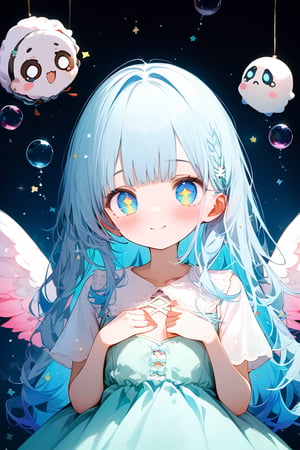 masterpiece, best quality, extremely detailed, (illustration, official art: 1.1), 1 girl, ((light blue long hair)), (blush)), cute face, big eyes, masterpiece, best quality, (((a very) Delicate and beautiful girl)))), amazing, beautiful detailed eyes, blunt bangs (((little delicate girl))), ((tareme))), droopy eyes. (true beautiful: 1.2), sense of depth, affectionate smile, (true beautiful: 1.2), (tiny 1girl model: 1.2), (flat chest), (Girl floating in the starry sky)), ((Multiple Bubbles)), ((Beautiful) Girl in the Middle)), ((The Girl Has Big Wings)), ((The Girl Smiles Her Eyes and Smiles Wears)), ((She Has Her Hands on Her Chest)) ((She Is Wearing a Dress))
