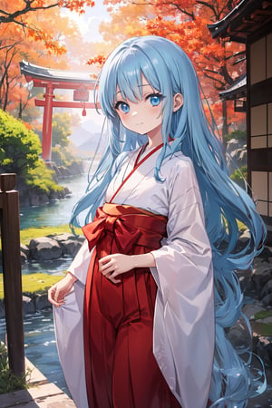 masterpiece, best quality, extremely detailed, (illustration, official art:1.1), 1 girl ,(((( light blue hair)))), ,(((( light blue long hair)))),light blue hair, ,((blush)) , cute face, big eyes, masterpiece, best quality,(((((a very delicate and beautiful girl))))),Amazing,beautiful detailed eyes,blunt bangs,(((tareme))),droopy eyes.(true beautiful:1.2), sense of depth,dynamic angle,,,, affectionate smile, (true beautiful:1.2),,(tiny 1girl model:1.2),)(flat chest), 、kawaii、shrine maiden、Japan white clothes,Red Hakama、torii gate,((High Position))、A big smile、Ultramammy,, autumn day,kaede、 Pines, Anime Background Art, japanese art style, beautiful anime scene, detailed scenery - width 672, Background art, Anime landscapes, Anime Background, Beautiful anime scenery, Beautiful peace scenes in anime, landscape artwork, Japan Village, Anime landscape concept art, 8K))、a lot of fallen leaves、Water twinkle、Springs in the mountains、Main shrine、