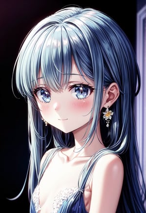 masterpiece, best quality, extremely detailed, (illustration, official art:1.1), 1 girl ,(((( light blue long hair)))), ,(((( light blue long hair)))),light blue hair, , long hair ((blush)) , cute face, big eyes, masterpiece, best quality,(((((a very delicate and beautiful girl))))),Amazing,beautiful detailed eyes,blunt bangs((((little delicate girl)))),tareme(true beautiful:1.2), sense of depth,dynamic angle,,,, affectionate smile, (true beautiful:1.2),,(tiny 1girl model:1.2),)(flat chest) ,(Girl with a pearl earring), 1 girl, solo, shine blue eyes, blue and yellow flower, Dark  dress, portrait, black background, Cinematic lighting, Chiaroscuro, Rembrandt portrait, The light and darkness of intense light and shadow, Overall dark brown and dull shades, dynamic lighting,,,((big flower earrings,Gypsophila)) 