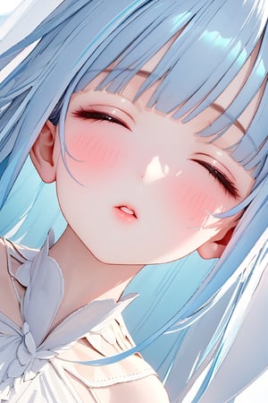 masterpiece, best quality, extremely detailed, (illustration, official art:1.1), 1 girl ,(((( light blue long hair)))), ,(((( light blue long hair)))),light blue hair, , long hair ((blush)) , cute face, masterpiece, best quality,(((((a very delicate and beautiful girl))))),Amazing,blunt bangs((((little delicate girl)))),(true beautiful:1.2), sense of depth,dynamic angle,,,, (true beautiful:1.2),,(tiny 1girl model:1.2),)(flat chest), (unity 8k wallpaper:1.0),(best quality:1.0),(illustration:1.0),(100 layer:1.0),(awesome amazing detailed:1.0),(chroma:1.8),(sharp:1.0),(3D:0.3),(realistic:0.1),
(beautiful and majestic:1.3),focus lips,(looking at viewer,looking up:1.3),(closed eyes:1.15),(stick lips out to viewer:1.5),(happy:1.3),(blush:1.5)(closeup to viewer:1.2),
(masterpiece:1.0),solo,