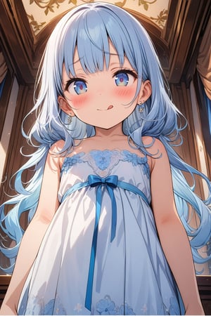 masterpiece, best quality, extremely detailed, (illustration, official art:1.1), 1 girl ,(((( light blue long hair)))), ,(((( light blue long hair)))),light blue hair, , long hair ((blush)) , cute face, big eyes, masterpiece, best quality,(((((a very delicate and beautiful girl))))),Amazing,beautiful detailed eyes,blunt bangs((((little delicate girl)))),(((tareme))),droopy eyes.(true beautiful:1.2), sense of depth,dynamic angle,,,, affectionate smile, (true beautiful:1.2),,(tiny 1girl model:1.2),)(flat chest), , tongue,Gal,Earrings,tattoo
