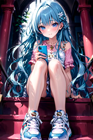 ,masterpiece, best quality, extremely detailed, (illustration, official art:1.1), 1 girl ,(((( light blue long hair)))), ,, long hair ((blush)) , cute face, big eyes, masterpiece, best quality,(((((a very delicate and beautiful girl))))),Amazing,beautiful detailed eyes,blunt bangs,(((( delicate girl)))), sense of depth,dynamic angle,,,, smile, (beautiful:1.2),(flat chest) ,She has blue eyes . She is wearing ripped shorts and a pink Jersey. She is standing on the stairs holding her phone . She is looking down on her phone. She is wearing white boots . She has a Gucci bag. (foot focus) (,Platform sneakers), beautiful and perfect legs,
