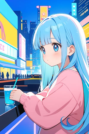 masterpiece, best quality, extremely detailed, (illustration, official art:1.1), ((( light blue long hair)))),light blue hair, , long hair ((blush)) , cute face, masterpiece, best quality,(((((a very delicate and beautiful girl))))),Amazing,beautiful detailed eyes,blunt bangs((((little delicate girl)))),(((tareme))),droopy eyes.(true beautiful:1.2), , (true beautiful:1.2),long hair,,10yo,,(tiny 1girl model:1.2),Pink and blue hair girl, soda, Inspired by 90s anime, Cyberpunk City, praise, colorful, listen to music, Pink Hair, Blue Hair、Drinking Juice