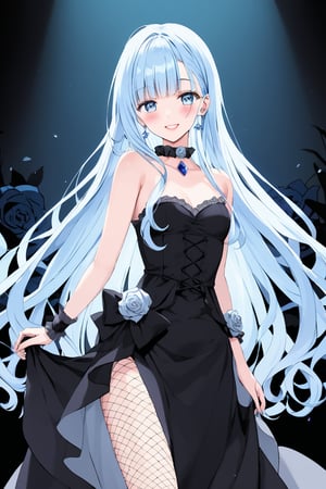 masterpiece, best quality, extremely detailed, (illustration, official art:1.1), 1 girl ,(((( light blue long hair)))), ,(((( light blue long hair)))),light blue hair, , long hair ((blush)) , cute face, big eyes, masterpiece, best quality,(((((a very delicate and beautiful girl))))),Amazing,beautiful detailed eyes,blunt bangs((((little delicate girl)))),tareme(true beautiful:1.2), sense of depth,dynamic angle,,,(((tareme))), affectionate smile, (true beautiful:1.2),,(tiny 1girl model:1.2)(flat chest) 、（dark atmosphere,gothic fashion,bright colors）,（best quality,Super exquisite,）,Sexy goth Vampire girl,In the rose garden at night,Beautiful and delicate eyes,Straight black light blue long hair with blue tips,Crow feathers,red lipstick,mysterious smile,Pale complexion,fishnet stockings,black dress,Pointed-toe bootysterious aura,The moonlight illuminates her elegant silhouette,Soft shadows and soft highlights,Contrasting colors create a vibrant atmosphere,dark and moody color palette,Subtle yet dramatic lighting effects,Sublime darkness intertwined with exquisite moonlight, She's tall and mature, red tone, beatiful pretty face
