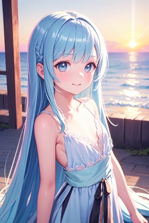 masterpiece, best quality, extremely detailed, (illustration, official art:1.1), 1 girl ,(((( light blue long hair)))), ,(((( light blue long hair)))),light blue hair, ,10 years old, long hair ((blush)) , cute face, big eyes, masterpiece, best quality,(((((a very delicate and beautiful girl))))),Amazing,beautiful detailed eyes,blunt bangs((((little delicate girl)))),tareme(true beautiful:1.2), sense of depth,dynamic angle,,,, affectionate smile, (true beautiful:1.2),,(tiny 1girl model:1.2),)(flat chest)),
 little girl, sunset, beach, 8k, vibrant, clear image, 8k resolution, beautiful detailed eyes, beautiful detailed lips, extremely detailed eyes and face, long eyelashes, girl in an adorable dress, enjoying the gentle breeze, surrounded by soft sand, palm trees in the background, golden sun reflecting on the calm sea, warm shades of orange and pink filling the sky, masterpiece:1.2, ultra-detailed, realistic:1.37, HDR, UHD, studio lighting, ultra-fine painting, sharp focus, physically-based rendering, professional, vivid colors, bokeh
、full body,(Sepia style))、 sepia color
