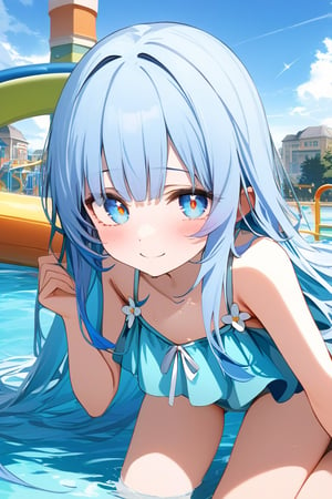 masterpiece, best quality, extremely detailed, (illustration, official art:1.1), 1 girl ,(((( light blue long hair)))), ,(((( light blue long hair)))),light blue hair, , long hair ((blush)) , cute face, big eyes, masterpiece, best quality,(((((a very delicate and beautiful girl))))),Amazing,beautiful detailed eyes,blunt bangs((((little delicate girl)))),tareme(true beautiful:1.2), sense of depth,dynamic angle,,,, affectionate smile, (true beautiful:1.2),,(tiny 1girl model:1.2),)(flat chest), score_9, score_8_up, score_7_up, source_anime,masterpiece, best quality, high resolution, extremely detailed CG, absurdres, highres, A dreamy water playground, all the buildings are made of ice cream, the ice cream castle is colorful, and the girl in swimsuit is sliding down the water slide, very happy, neondskdrmsxl