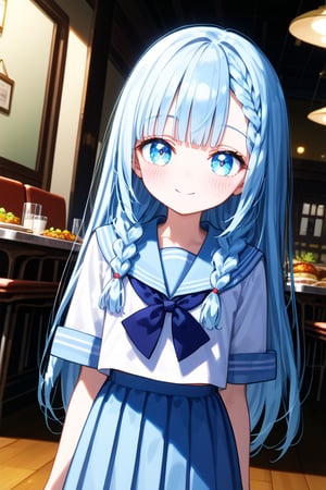 masterpiece, best quality, extremely detailed, (illustration, official art), 1 girl ,(((( light blue long hair)))), long hair ((blush)) , cute face, masterpiece, best quality,(((((a very delicate and beautiful girl))))),Amazing,beautiful detailed eyes,blunt bangs((((little delicate girl)))),tareme,(true beautiful:1.2), sense of depth,dynamic angle,,,, affectionate smile, (true beautiful:1.2),,(tiny 1girl model:1.2),)(flat chest) , ,(little girl, petite:1.1),school students enjoying their lunch in a crowded cafeteria、 Delicate and beautiful anime face、Clear Eyes、Sailor suit、 light blue Braided long hair beautiful girl、anime, anime,,, realistic shadows, anime screencap,,anime screencap、、Sailor suit、lunch time,