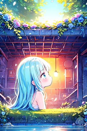 Masterpiece, best quality, extremely detailed, (illustration, official art: 1.1), (((((1 girl))))), ((light blue long hair))), light blue hair, 10 years old,  ((blush)), cute face, big eyes, tareme, masterpiece, best quality, ((a very delicate and beautiful girl)))), , loli girl,amazing, beautiful detailed eyes, blunt bangs (((little delicate girl)))), tareme (true beautiful: 1.2),, petite and sweet,(Composition looking up from a low position)、,1girl,,
post-apocalypse,retrospective,nostalgia,sense of depth,from behind,dynamic angle,in a group of ruined buildings,ruins deep in the forest,science fiction-style ruins with vines and ivy,sunset,cyberpunk,Water Reflection,small flower garden,flower petal

, ,6000,petite,breakdomain,Human bones,light