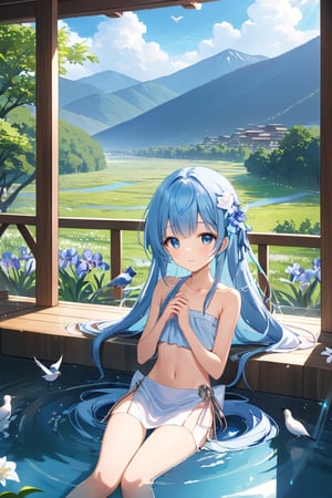  (((( light blue long hair)))),,(tiny 1girl model),)(flat chest),(((tareme))), long hair ,loli,Intricate Iris Details,Meticulous Eyelash Details,Dazzling Light, Warm lighting,Bright light,Romantic light,masterpiece, best quality,(((((a very delicate and beautiful girl))))),A spectacular daytime mountain view in the background、There is a woman soaking in the open-air bath.。She wrapped a towel around her body、He has a comfortable expression on his face.。There is silence all around。Amidst the beauty of nature and the warmth of hot springs、She is a mountain々Relaxing while enjoying the view。Enjoy a moment in the open-air bath that has become part of the scenery.、It's a special time of healing for her.。(((nature、outsides,Panorama,Bird’s-eye view)))