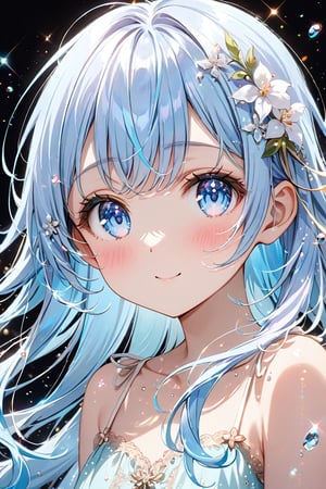 (illustration, official art:1.1), 1 girl ,(((( light blue hair)))), ,(((( light blue long hair)))),light blue hair, ,((blush)) , cute face, big eyes, masterpiece, best quality,(((((a very delicate and beautiful girl))))),Amazing,beautiful detailed eyes,blunt bangs((((little delicate girl)))),(((tareme))),droopy eyes.(true beautiful:1.2), sense of depth,dynamic angle,,,, affectionate smile, (true beautiful:1.2),,(tiny 1girl model:1.2),A high-quality hologram card depicting an anime-style girl, with glitter, mother-of-pearl, and a black background around the card, clear coloring, and colorful
