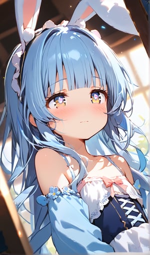 masterpiece, best quality, extremely detailed, (illustration, official art:1.1), 1 girl ,(((( light blue long hair)))), ,(((( light blue long hair)))),light blue hair, , long hair ((blush)) , cute face, big eyes, masterpiece, best quality,(((((a very delicate and beautiful girl))))),Amazing,beautiful detailed eyes,blunt bangs((((little delicate girl)))),tareme(true beautiful:1.2), sense of depth,dynamic angle,,,(((tareme))), (true beautiful:1.2),,(tiny 1girl model:1.2)(flat chest) 、Fluffy bunny ears, one cute girl, light blue hair and eyes, cute room