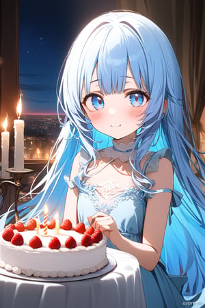 masterpiece, best quality, extremely detailed, (illustration, official art:1.1), 1 girl ,(((( light blue long hair)))), ,(((( light blue long hair)))),light blue hair, , long hair ((blush)) , cute face, masterpiece, best quality,(((((a very delicate and beautiful girl))))),Amazing,beautiful detailed eyes,blunt bangs((((little delicate girl)))),(((tareme))),droopy eyes.(true beautiful:1.2), sense of depth,dynamic angle,,,, affectionate smile, (true beautiful:1.2),,(tiny 1girl model:1.2),)(flat chest),1Young girl,,Off-shoulder dress,Navel,Round Table,Birthday Cake,Make a Wish,night,Beautiful red light,Candle,Casual Dresses,dinner time,Special　dinner