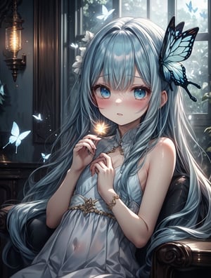 masterpiece, best quality, extremely detailed, (illustration, official art:1.1), 1 girl ,(((( light blue long hair)))), ,(((( light blue long hair)))),light blue hair, long hair ((blush)) , cute face, big eyes, masterpiece, best quality,(((((a very delicate and beautiful girl,))))),Amazing,beautiful detailed eyes,blunt bangs、((((little delicate girl)))),tareme(true beautiful:1.2), sense of depth,dynamic angle, ,Baby Face,flat chest,masterpiece, best quality,high resolution, 1 female, aldult, long hair. look_exist_audience, High, perfect stexisture, long time, Bangs, chromexistic dispersion, transparent_plastic, Polychromexistic prism effect, iris/Opalescence, glowing color, aluminum foil, glowing atmosphere,, moonlight, There are stars in the eyes, butterfly style, iris, Liuli, Polychromexistic prism effect, Rainbow core, iris/Opalescence, glowing atmosphere, Very beautiful dress,chibi