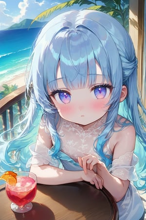 masterpiece, best quality, extremely detailed, (illustration, official art:1.1), 1 girl ,(((( light blue long hair)))), ,light blue hair, , long hair ((blush)) , cute face, masterpiece, best quality,(((((a very delicate and beautiful girl))))),Amazing,beautiful detailed eyes,blunt bangs((((little delicate girl)))),.(true beautiful), sense of depth,, ,(tiny 1girl model:1.2),)(flat chest),Masterpiece, highest quality, high resolution background, bright and beautiful atmosphere, (hair, surface effects), , cute tropical clothes, tropical style A girl relaxing on a hotel balcony, a stylish drink on a round table, mini pigs hanging on the balcony, hibiscus
