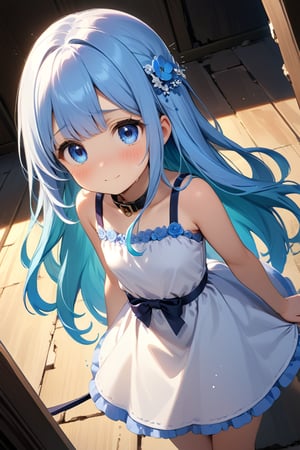 masterpiece, best quality, extremely detailed, (illustration, official art:1.1), 1 girl ,(((( light blue long hair)))), ,(((( light blue long hair)))),light blue hair, , long hair ((blush)) , cute face, big eyes, masterpiece, best quality,(((((a very delicate and beautiful girl))))),Amazing,beautiful detailed eyes,blunt bangs((((little delicate girl)))),tareme(true beautiful:1.2), sense of depth,dynamic angle,,,, affectionate smile, (true beautiful:1.2),,(tiny 1girl model:1.2),)(flat chest) ,,((crying)),((((twitching)))),White dress,,sunset,from above,viewer holding leash,collar,restrained, handcuffs, Japanese-style room、gravesite、ruins