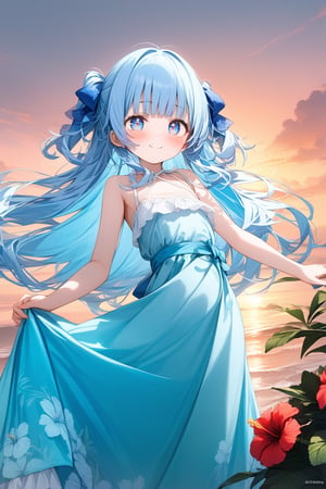 masterpiece, best quality, extremely detailed, (illustration, official art:1.1), 1 girl ,(((( light blue long hair)))), ,(((( light blue long hair)))),light blue hair, , long hair ((blush)) , cute face, big eyes, masterpiece, best quality,(((((a very delicate and beautiful girl))))),Amazing,beautiful detailed eyes,blunt bangs((((little delicate girl)))),(((tareme))),droopy eyes.(true beautiful:1.2), sense of depth,dynamic angle,,,, affectionate smile, (true beautiful:1.2),,(tiny 1girl model:1.2),)(flat chest), masterpiece, best quality, high quality, extremely detailed, very delicate and beautiful, , (light blue long hair up to waist with two side up:1.5), bangs to eyebrows, eyes (eyes sharp and strong with glossy glossy eyes, eyebrows glossy,  6.5 head height, (long dress with hibiscus print:1.3), (standing), (smiling), (dynamic pose), (background tropical and hibiscus:1.3), (sunset:1.3)
