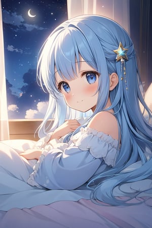 masterpiece, best quality, extremely detailed, (illustration, official art:1.1), 1 girl ,(((( light blue long hair)))), ,(((( light blue long hair)))),light blue hair,loli, long hair ((blush)) , cute face, , masterpiece, best quality,(((((a very delicate and beautiful girl))))),Amazing,beautiful detailed eyes,blunt bangs((((little delicate girl)))),tareme(true beautiful:1.2), sense of depth,dynamic angle,,,, affectionate smile, (true beautiful:1.2),,(tiny 1girl model:1.2),)(flat chest), complex background, wishing star background, a magical scene with shining stars and dreamlike elements, conveying the idea that the magic of Christmas awakens sleeping dreams. Make sure the elements give a dreamy feel. in bed, There are a lot of pillows, dreamy, comfortable, night time, crescent moon, Quiet nights,Comfortable beds,Cosy bedroom,Serene expression,Lightweight dressing gown,gentlesoftlighting,dreamlike scenes,Cloud-like pillows,Starry curtain, portrait、 Girl spreads her hands, ,Embryo,Sleep comfortably, Sleeping Girl,nightcore, Anime girl sleeping with clouds with stars,
,pure sleep, (wide shot, white background、Ask for a hug