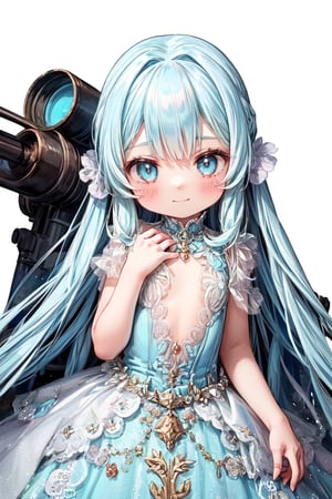 masterpiece, best quality, extremely detailed, (illustration, official art:1.1), 1 girl ,(((( light blue long hair)))), ,(((( light blue long hair)))),light blue hair, , long hair ((blush)) , cute face, masterpiece, best quality,(((((a very delicate and beautiful girl))))),Amazing,beautiful detailed eyes,blunt bangs((((little delicate girl)))),(((tareme))),droopy eyes.(true beautiful:1.2), sense of depth,dynamic angle,,,, affectionate smile, (true beautiful:1.2),,(tiny 1girl model:1.2),)(flat chest),(Very detailed 8k wallpaper), Medium shot of Loline Necromancer, particle lighting, high detailing, Dramatic, Gatling gun in hand, clean back ground, ,,(( huge gatling gun)), 