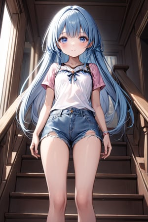 ,masterpiece, best quality, extremely detailed, (illustration, official art:1.1), 1 girl ,(((( light blue long hair)))), ,, long hair ((blush)) , cute face, big eyes, masterpiece, best quality,(((((a very delicate and beautiful girl))))),Amazing,beautiful detailed eyes,blunt bangs,(((( delicate girl)))), sense of depth,dynamic angle,,,, smile, (beautiful:1.2),(flat chest) ,She has blue eyes . She is wearing ripped shorts and a pink Jersey. She is standing on the stairs holding her phone . She is looking down on her phone. She is wearing white boots . She has a Gucci bag. (foot focus) (,Platform sneakers), beautiful and perfect legs,
