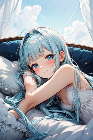 masterpiece, best quality, extremely detailed, (illustration, official art:1.1), 1 girl ,(((( light blue long hair)))), ,(((( light blue long hair)))),light blue hair,loli, long hair ((blush)) , cute face, , masterpiece, best quality,(((((a very delicate and beautiful girl))))),Amazing,beautiful detailed eyes,blunt bangs((((little delicate girl)))),tareme(true beautiful:1.2), sense of depth,dynamic angle,,,, affectionate smile, (true beautiful:1.2),,(tiny 1girl model:1.2),)(flat chest), complex background, wishing star background, a magical scene with shining stars and dreamlike elements, conveying the idea that the magic of Christmas awakens sleeping dreams. Make sure the elements give a dreamy feel. in bed, There are a lot of pillows, dreamy, comfortable, night time, crescent moon, Quiet nights,Comfortable beds,Cosy bedroom,Serene expression,Lightweight dressing gown,gentlesoftlighting,dreamlike scenes,Cloud-like pillows,Starry curtain, portrait、 ☁🌙, ,Embryo,Sleep comfortably, Sleeping Girl,nightcore, Anime girl sleeping with cat in clouds with stars,
,pure sleep, (wide shot, white background