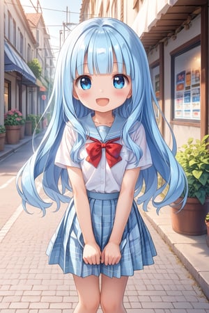 masterpiece, best quality, extremely detailed, (illustration, official art:1.1),adorable face、 1 girl ,(((( light blue long hair)))),pale blue hair,, long hair ((blush)) , cute face, big eyes, masterpiece, best quality,(((((a very delicate and beautiful girl))))),Amazing,beautiful detailed eyes,blunt bangs((((little delicate girl)))),tareme(true beautiful:1.2), sense of depth,dynamic angle,,,, affectionate smile, (true beautiful:1.2),,(tiny 1girl model:1.2),)(flat chest)、masterpiece,beautiful eyes,textile shading, custics,extremely detailed CG, photography,RAW photo,
,,twinbraidblue eyes, ,solo
school uniform, short sleeves, 2 soft serve,open mouth, smile,shopping street,white colored shirt,red ribbon,