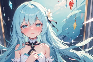 masterpiece, best quality, extremely detailed, (illustration, official art:1.1), 1 girl ,(((( light blue long hair)))), light blue hair, ,10 years old, long hair ((blush)) , cute face, big eyes, masterpiece, best quality,(((((a very delicate and beautiful girl))))),Amazing,beautiful detailed eyes,blunt bangs((((little delicate girl)))),tareme(true beautiful:1.2), sense of depth,dynamic angle,,,, affectionate smile, (true beautiful:1.2),,(tiny 1girl model:1.2),)(flat chest)),loli,loli face,absurdres, highres, ultra detailedBREAK(one girl:1.5), (make-up, blue eyeliner, red lipswax:1.2), vivid, sparkling pupils, (close-up), beautiful dress, standingBREAK(kaleidoscope:1.1), azulejo patterns, Portuguese tiles, ceramic designs, decorative art, colorful motifs,BREAKtrendy styles, haute couture, fashion shows, clothing design, personal expression, evolving trends, creative outfits ,TOROGAO