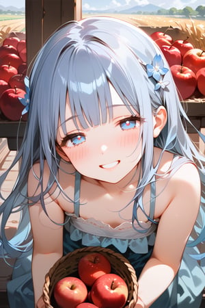 masterpiece, best quality, extremely detailed, (illustration, official art:1.1), 1 girl ,(((( light blue long hair)))), ,(((( light blue long hair)))),light blue hair, , long hair ((blush)) , cute face, masterpiece, best quality,(((((a very delicate and beautiful girl))))),Amazing,beautiful detailed eyes,blunt bangs((((little delicate girl)))),(((tareme))),droopy eyes.(true beautiful:1.2), sense of depth,dynamic angle,,,, affectionate smile, (true beautiful:1.2),,(tiny 1girl model:1.2),)(flat chest),(best quality:1.2), (ultra detailed:1.2), ultra high resolusion, highres,8k, Country roads, wheat fields, hoodless horse-drawn carriage, lying on a heap of apples piled up on a loading platform, grin, afternoon, apple basket, ,(masterpiece),scenery
