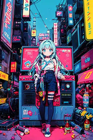  ,(((( light blue long hair)))), , (true beautiful:1.2),long hair,,10yo,,(tiny 1girl model:1.2), soda, Inspired by 90s anime, Cyberpunk City, praise, colorful, listen to music, Drinking alcohol