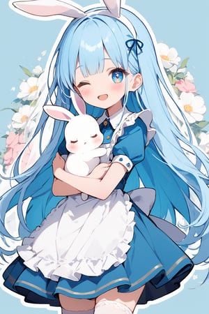 masterpiece, best quality, extremely detailed, (illustration, official art:1.1), 1 girl ,(((( light blue long hair)))), ,(((( light blue long hair)))),light blue hair, , long hair ((blush)) , cute face, big eyes, masterpiece, best quality,(((((a very delicate and beautiful girl))))),Amazing,beautiful detailed eyes,blunt bangs((((little delicate girl)))),tareme(true beautiful:1.2), sense of depth,dynamic angle,,,(((tareme))), (true beautiful:1.2),,(tiny 1girl model:1.2)(flat chest) 、masterpiece, top quality, very aesthetic, absurd, (super detailed), vivid, (nice hands, perfect hands), ideal proportions of the body, BREAK (vector outline, flat colors: 1.5), (one girl), solo, standing, (hugging white rabbit: 1.2), from the side, upper body close-up, (colorful floral background), BREAK cute girl, 18 years old, detailed blue eyes, (eye highlights), bright smile, (eyes closed: 1.2), wide open mouth, (blush all over face), floating hair, BREAK (wearing a shiny white maid: 1.2), (white rabbit ears headband and white rabbit tail), white thigh-high socks, white pumps