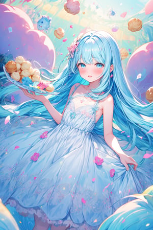 masterpiece, best quality, extremely detailed, (illustration, official art:1.1), 1 girl ,(((( light blue long hair)))), light blue hair, ,12 years old, long hair ((blush)) , cute face, big eyes, masterpiece, best quality,(((((a very delicate and beautiful girl))))),Amazing,beautiful detailed eyes,blunt bangs((((little delicate girl)))),tareme(true beautiful:1.2), sense of depth,,, affectionate smile, (true beautiful:1.2),,(tiny 1girl model:1.2),)(flat chest)),, face,absurdres, highres, ultra detailedBREAK(one girl:1.5), A fairytale and wonderland world,Colorful and lively atmosphere,confeti,Sweets, toys, and stuffed animals are floating and scattered in the air.,A pile of extra large cream puffs,A mountain shaped like a cream puff,fluffy hair,Odango Hair,Keeping hair together,rainbow-colored hair,A voluminous princess-like dress,Iridescent dresses,A is climbing on a pile of cream puffs,
