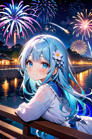 masterpiece, best quality, extremely detailed, (illustration, official art:1.1), 1 girl ,(((( light blue long hair)))), ,(((( light blue long hair)))),light blue hair, , long hair ((blush)) , cute face, big eyes, masterpiece, best quality,(((((a very delicate and beautiful girl))))),Amazing,beautiful detailed eyes,blunt bangs((((little delic,masterpiece, best quality,8k, ultra highres,The city is immersed in darkness late at night,Starlight dots the sky,Reflecting the darkness of the night。In this quiet and silent night,Brilliant fireworks begin to bloom,Lights up the whole city。 From a distance,A magnificent bridge spans the shining river,The bridge is covered with fireworks with a soft glow。Each firework emits a colorful light,Cut across the night sky like a shooting star,Shoot into the boundless darkness。 Along both sides of the bridge,High-rise buildings stand like giants in the city。Under this brilliant night view,The building's glass windows reflect colorful fireworks,It was as if the stars had fallen to earth。The illuminated city becomes even more colorful against the backdrop of fireworks。 Pedestrians passing by the bridge stopped one after another,Look up at the fireworks in the sky,Leave behind beautiful figures and mingle with fleeting fireworks。Their faces were filled with cheerful and contented smiles,It's as if you're in a world that belongs entirely to fireworks。 And on the surface of the river,An old boat slowly sailed by。People on board watch the brilliant fireworks on the water,Felt the romantic atmosphere。Lights are reflected on the water,Illuminated the perimeter of the boat,Make the whole scene even more magnificent。 The whole night is shrouded in the splendor of this fireworks,It brings a mysterious and fantastical atmosphere。The sound of fireworks flying echoed in the air,It brings a shocking feeling。Each firework has its own special shape and color,They bloom in the night sky、disappear,It was as if it were a brevity about the brevity of life。
